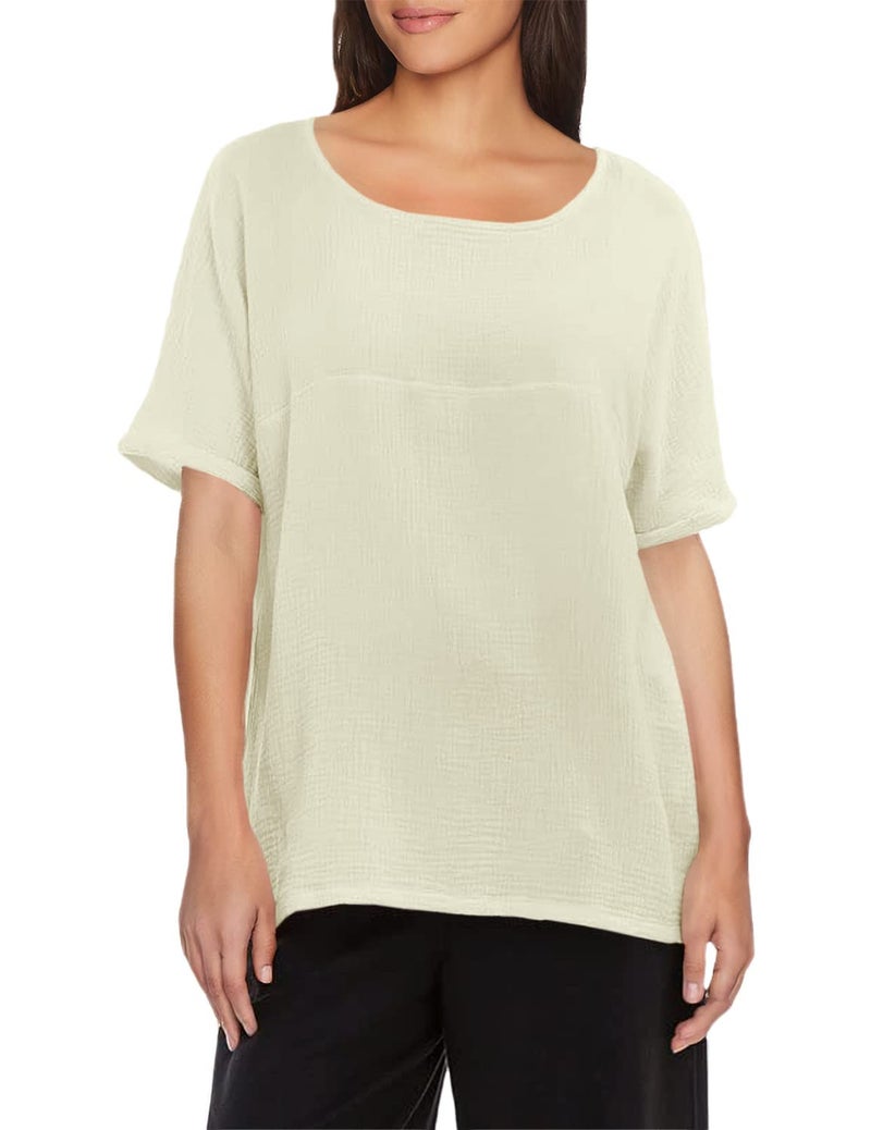 Soojun Women's Cotton Linen Round Collar Boxy Top Patchwork Blouses White, Medium - Image 1